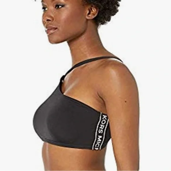 Michael Kors Strappy One Shoulder Bikini Top Logo Tape size XS Black - Picture 2 of 8